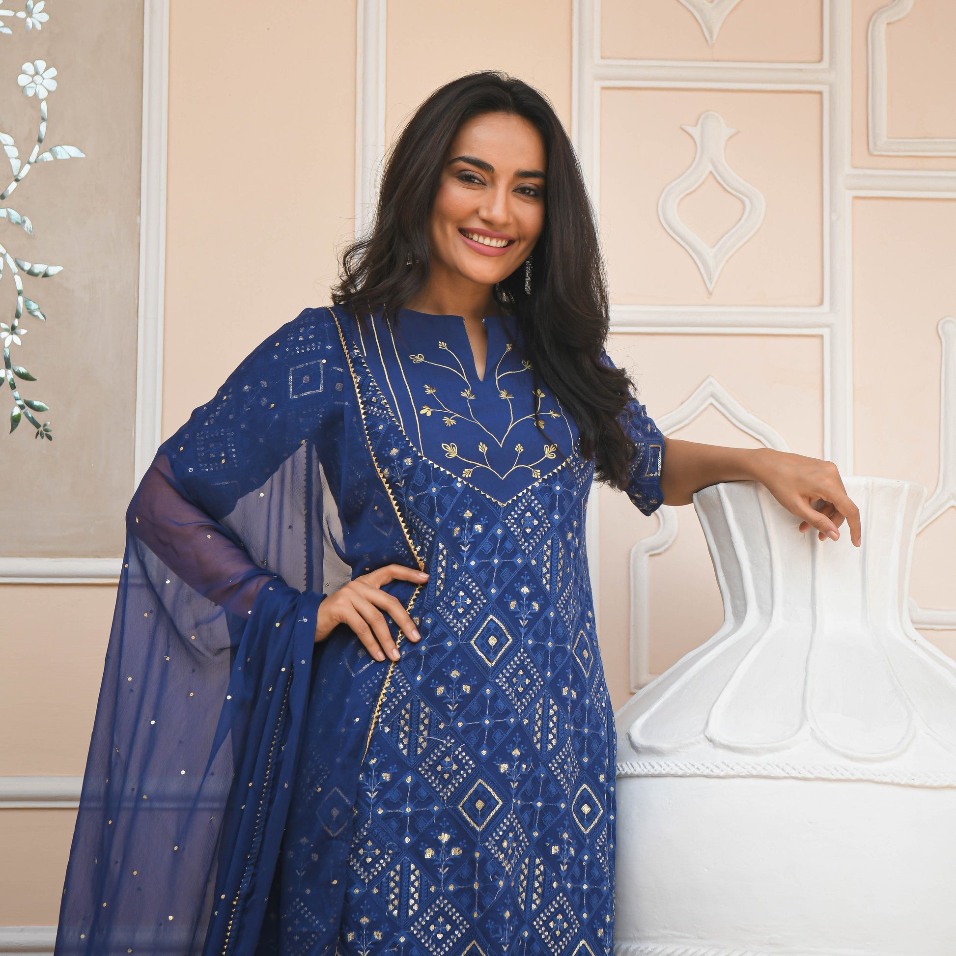 Adaa Hand Embroidered Blue Ethnic Suit Set For Women Online