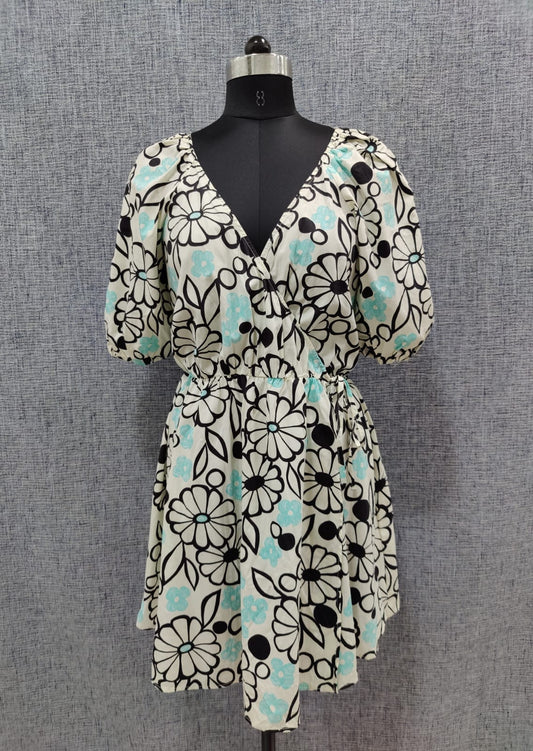 ZARA White Front Tie up Black And Blue Floral Print Midi Dress | Relove